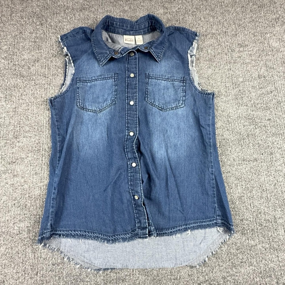 Mudd Shirt Womens Medium Blue Denim Sleeveless Button Front Frayed Hem Top